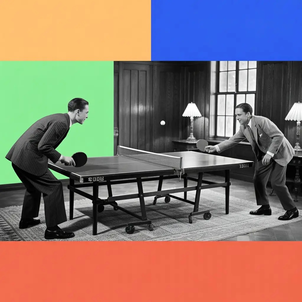 Vintage photo of early table tennis players in the 1920s.