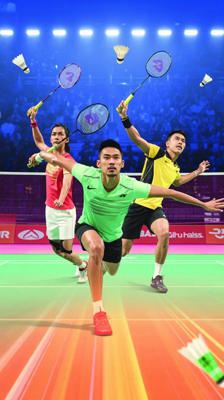 Famous badminton players including Lin Dan and P.V. Sindhu in action