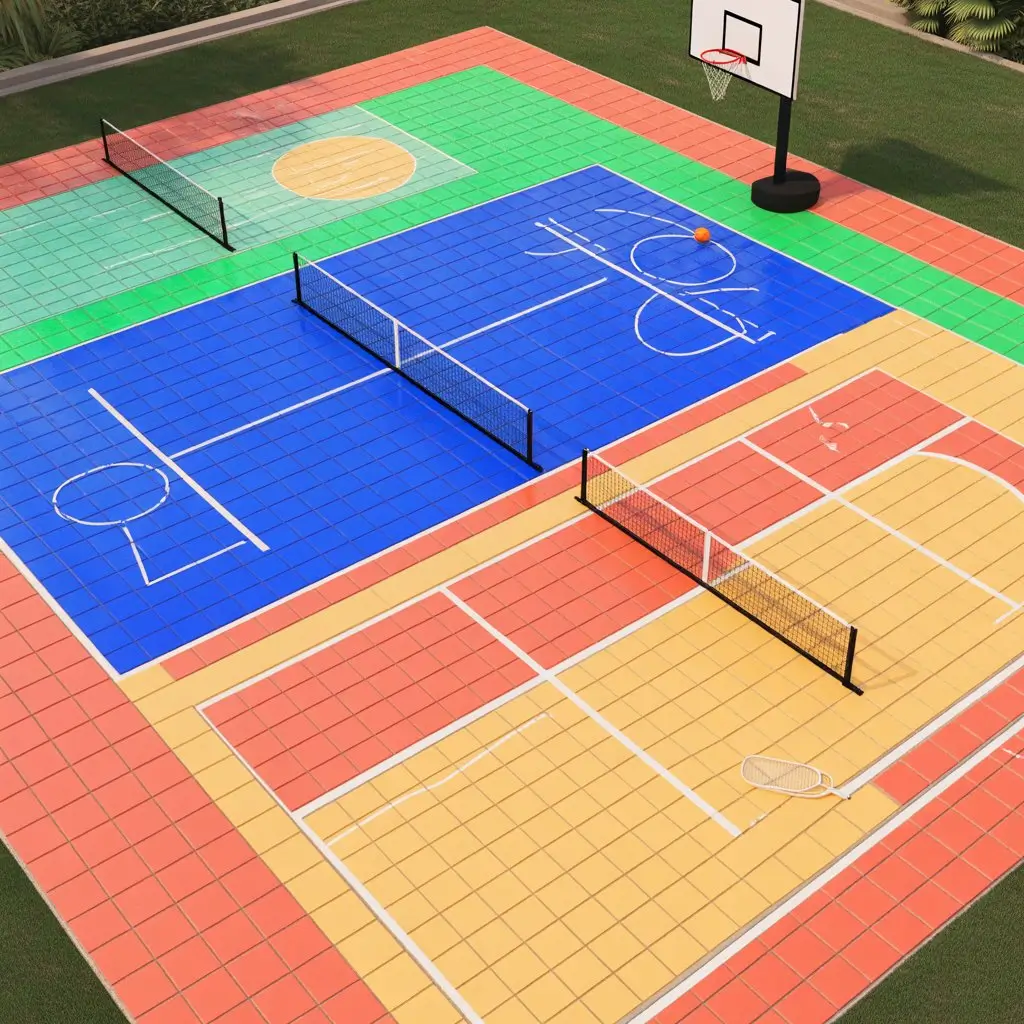 Backyard multi-sport court with painted lines for basketball and pickleball