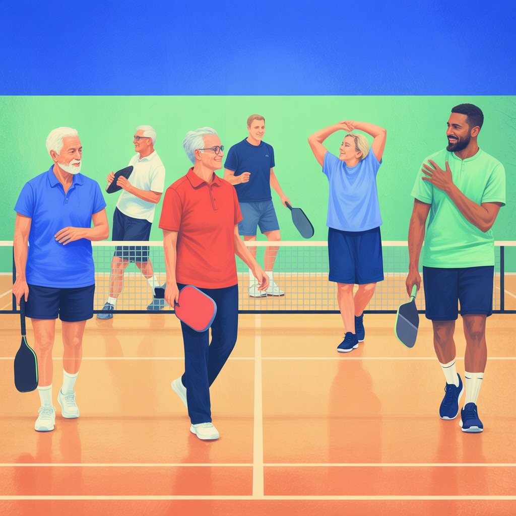 Adults and seniors cooling down after playing court sports like pickleball on an indoor court, highlighting heart health, safe exercise, and age-friendly cardio fitness.