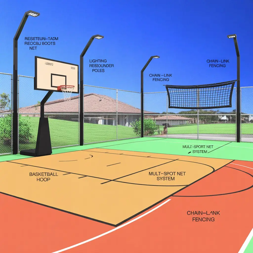 Custom backyard sport court with labeled accessories including basketball hoop, rebounder net, lighting poles, chain-link fencing, and multi-sport net system, realistic perspective view, daytime, no players