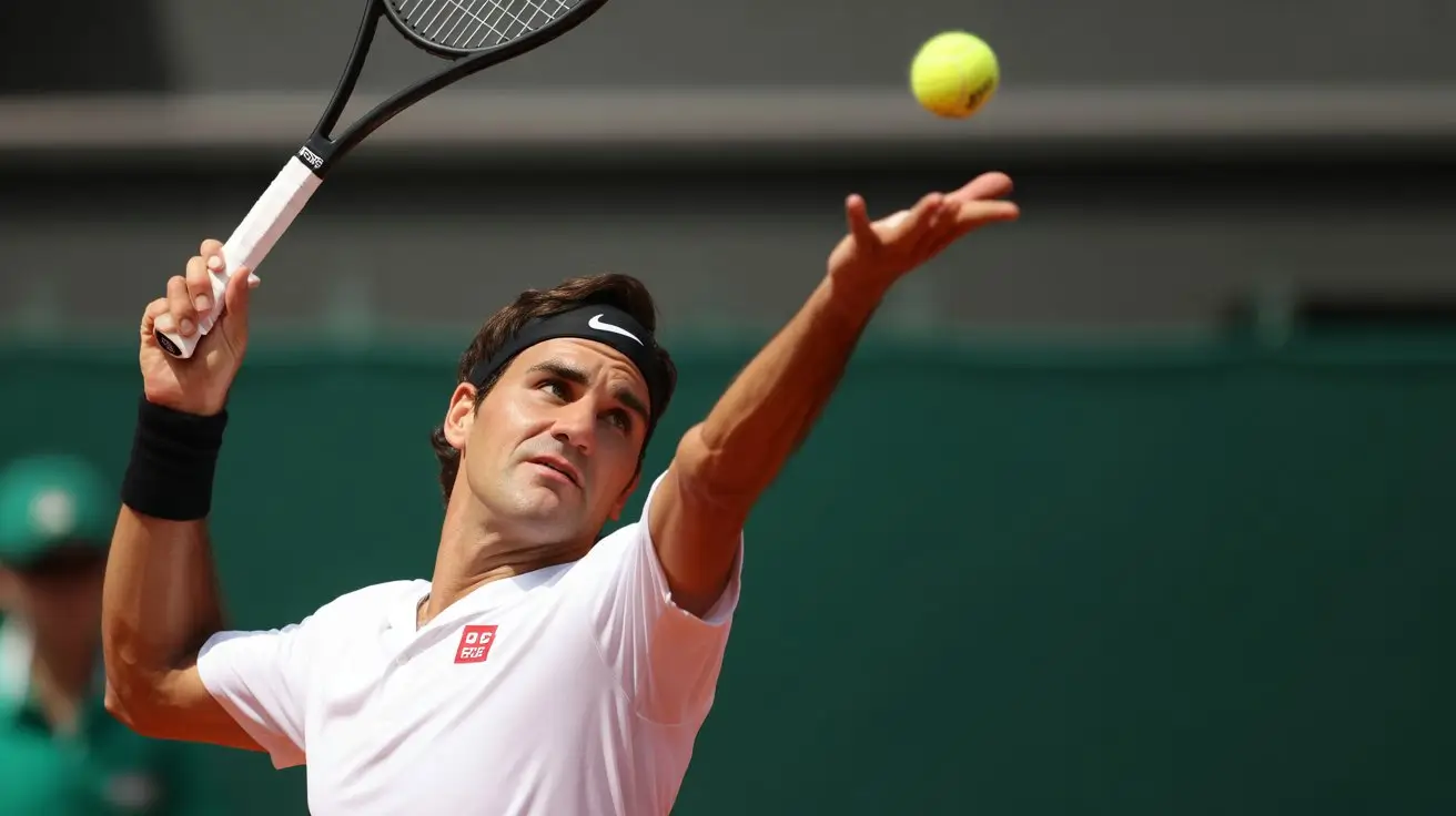 Roger Federer serving on the tennis court, demonstrating his powerful and precise technique
