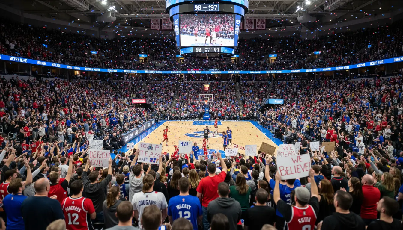 Excited basketball fans cheering in a packed stadium