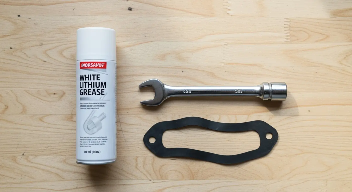 A can of white lithium grease, a wrench, and a rubber bicycle inner tube on a workbench.
