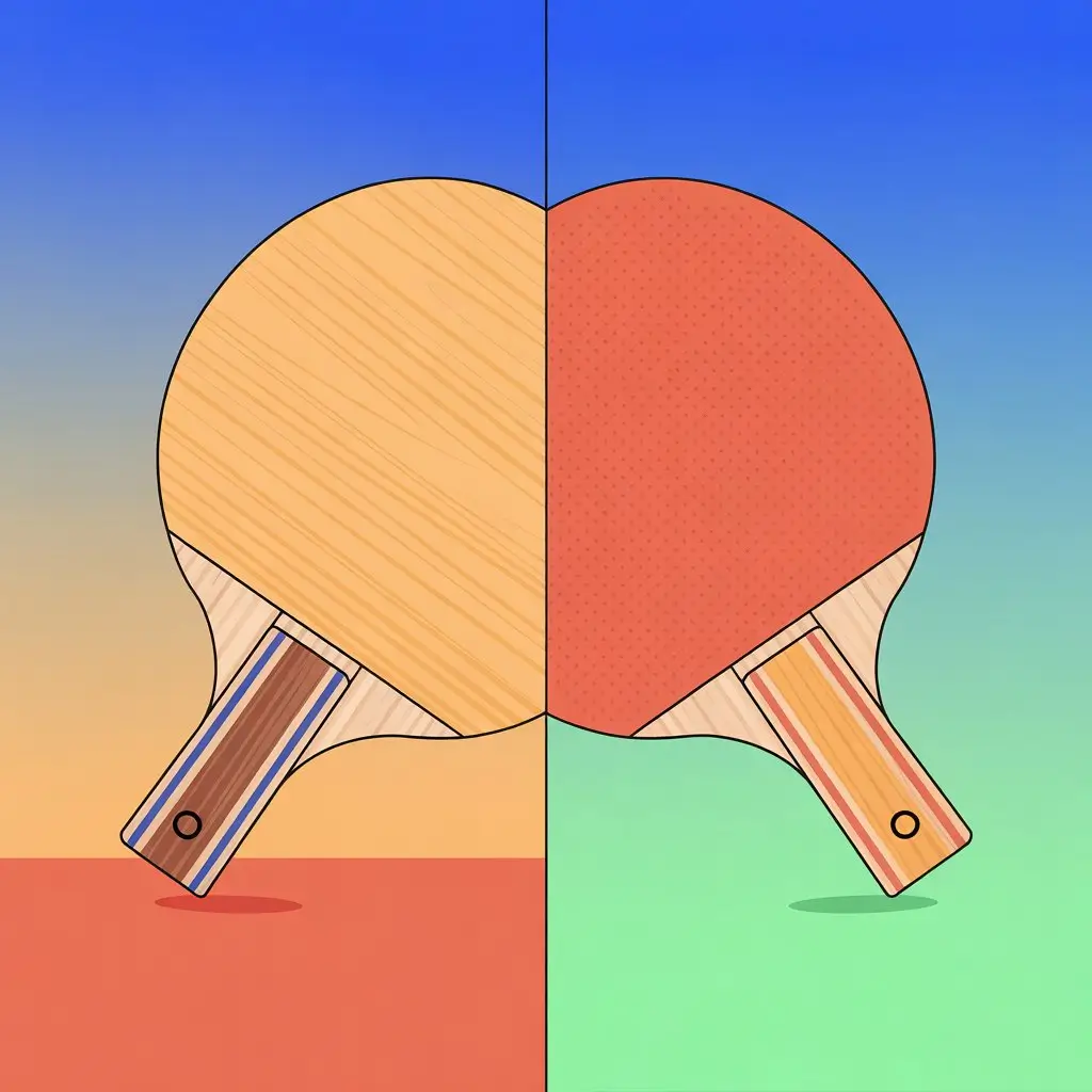 Create a close-up image showing a professional table tennis racket on one side, made of multiple layers of wood and rubber designed for spin and control. On the other side, show a ping pong paddle, which is simpler, made from wood or lightweight materials with basic rubber. Focus on their structural differences