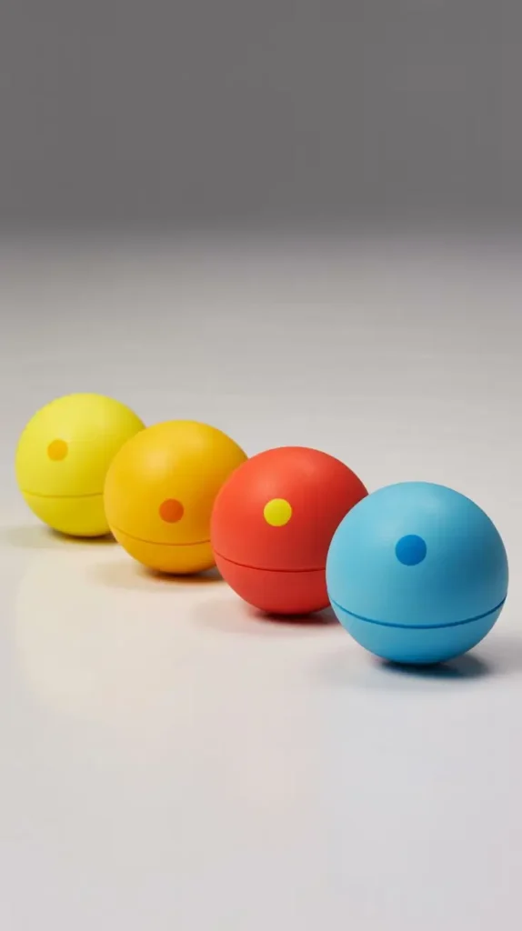 Different types of squash balls with varying speeds (yellow dot, red dot, blue dot)