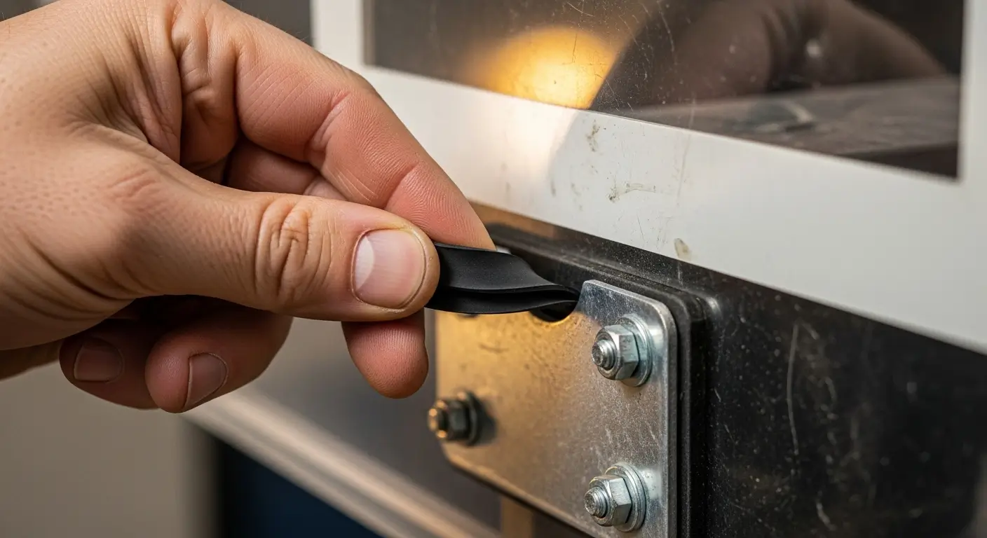 Hand placing a custom-cut rubber gasket between a metal basketball rim and a glass backboard.