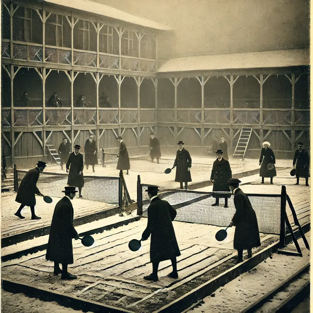 An old photo showing players in winter attire on a platform tennis court, playing platform tennis in the snow. The historic image captures early 20th-century platform tennis matches, highlighting the sport’s long history and outdoor appeal