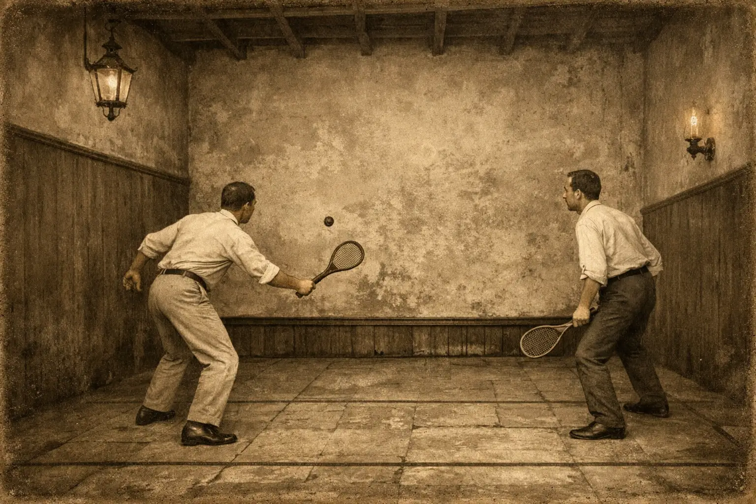 Vintage image of the first squash court at Harrow School in the 19th century