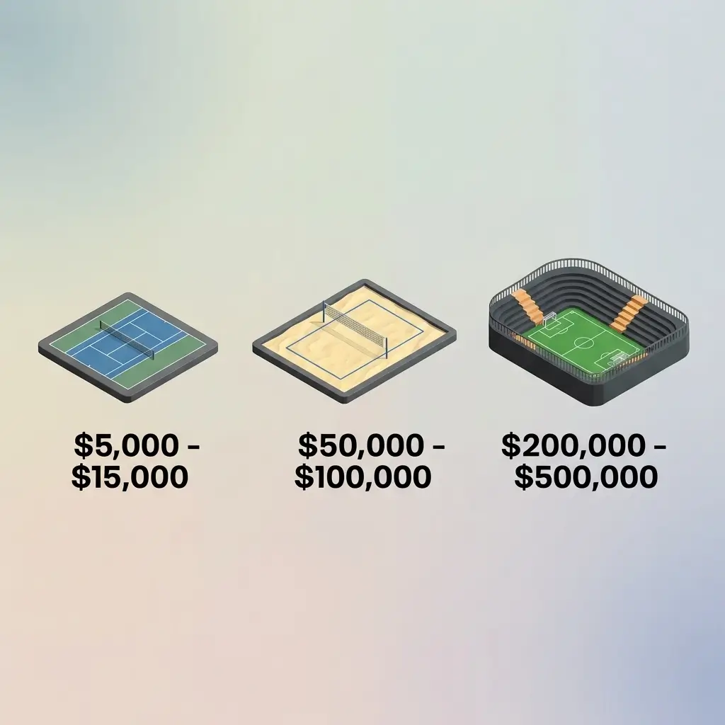 Visual comparison of backyard, indoor, and commercial sport court types with price ranges
