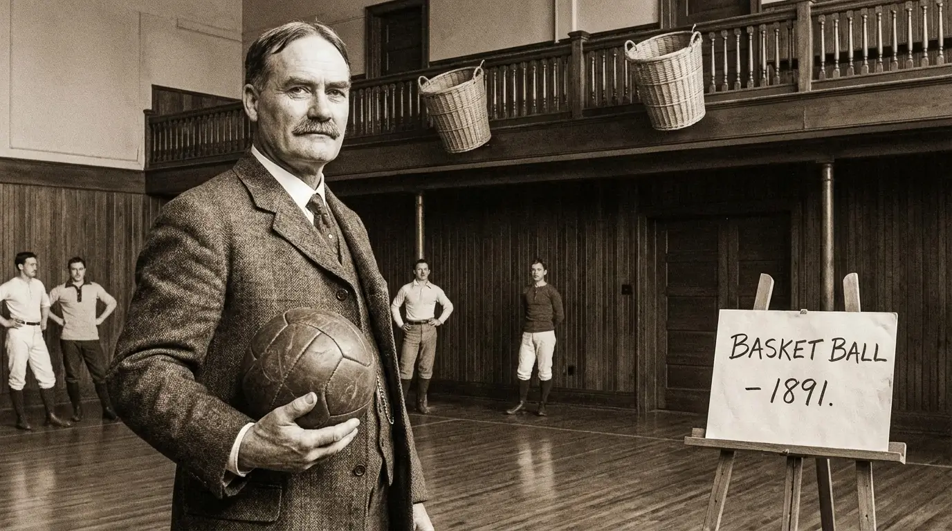 Dr. James Naismith with early basketball equipment in 1891