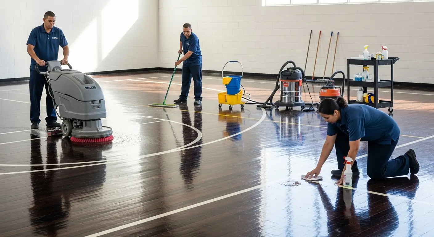 Cleaning and maintaining sports court flooring, including wood and rubber surfaces