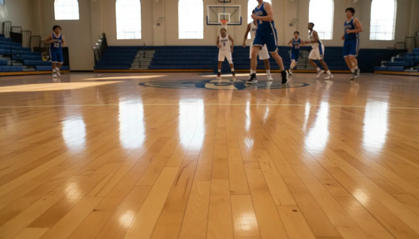 Maple wood flooring in an indoor basketball court with players in action