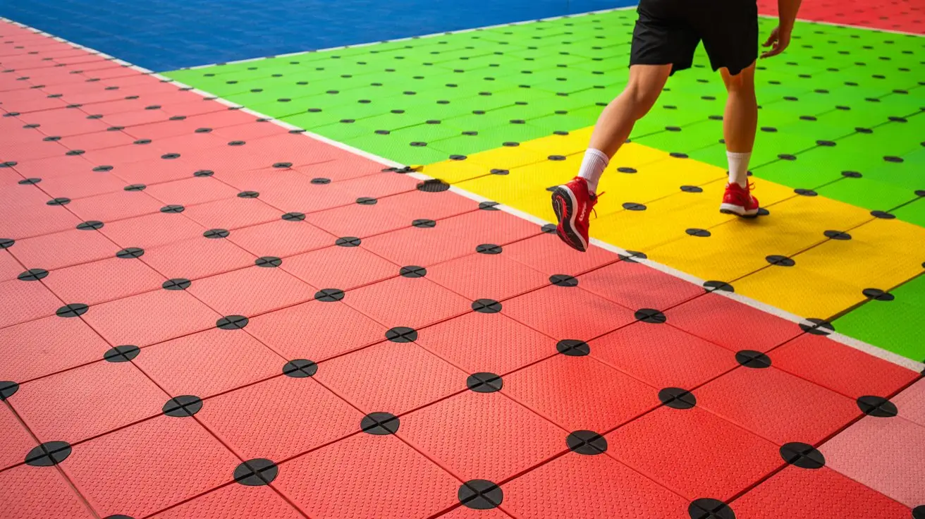 Outdoor sports court with interlocking modular plastic and rubber tiles for multi-sport use