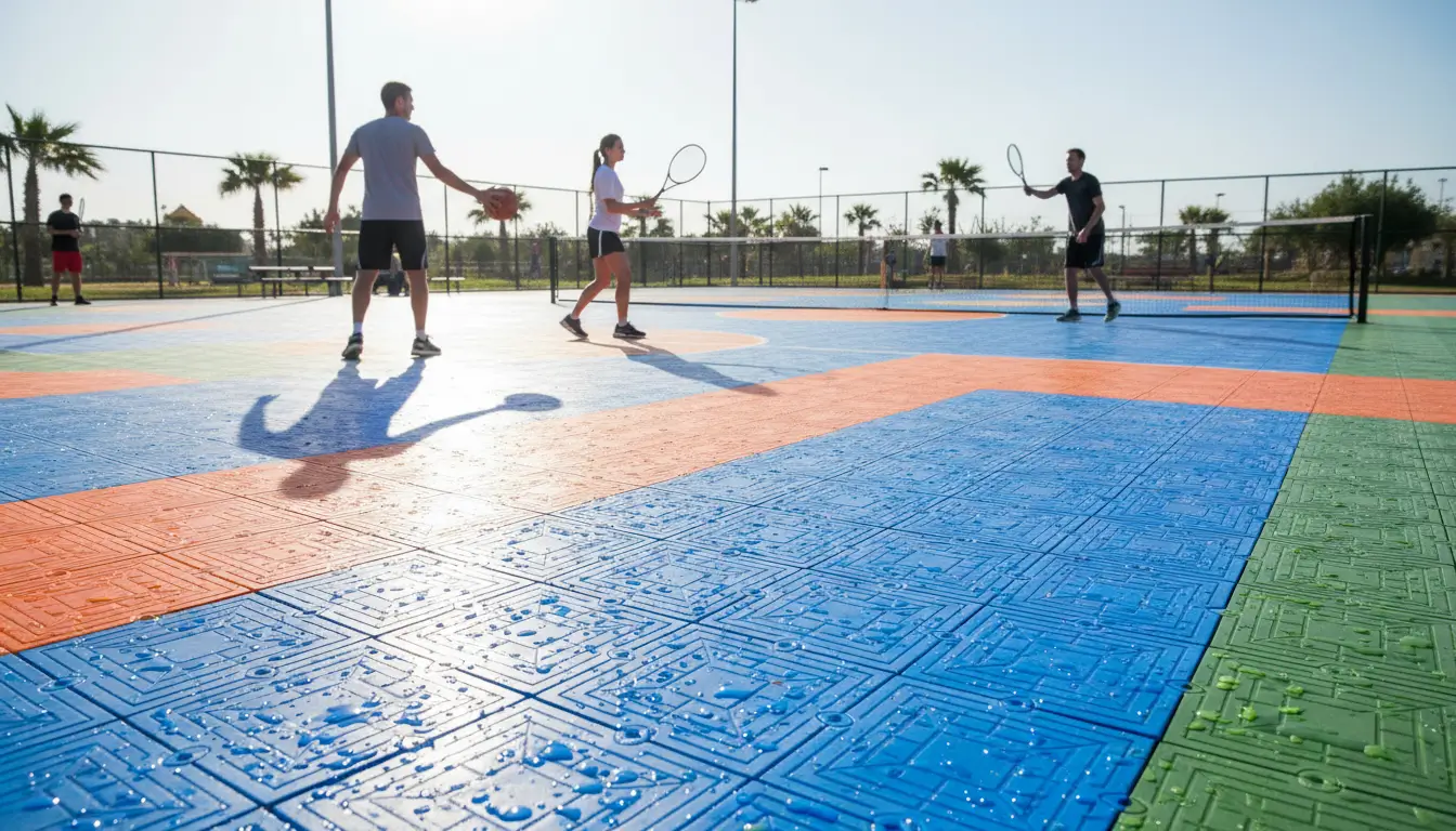 Outdoor tennis and basketball court with durable plastic outdoor sports court tiles.