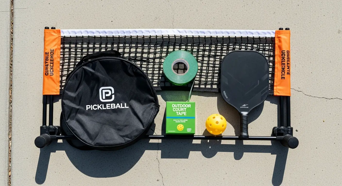 Flatlay of backyard pickleball gear including portable net, tape, and paddle