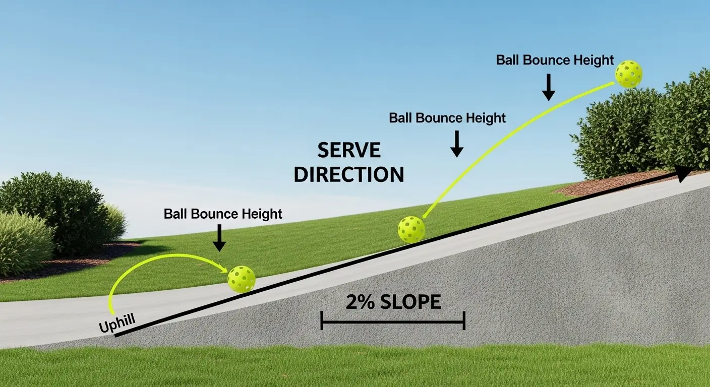 Illustration of pickleball bouncing differently on a 2% sloped driveway