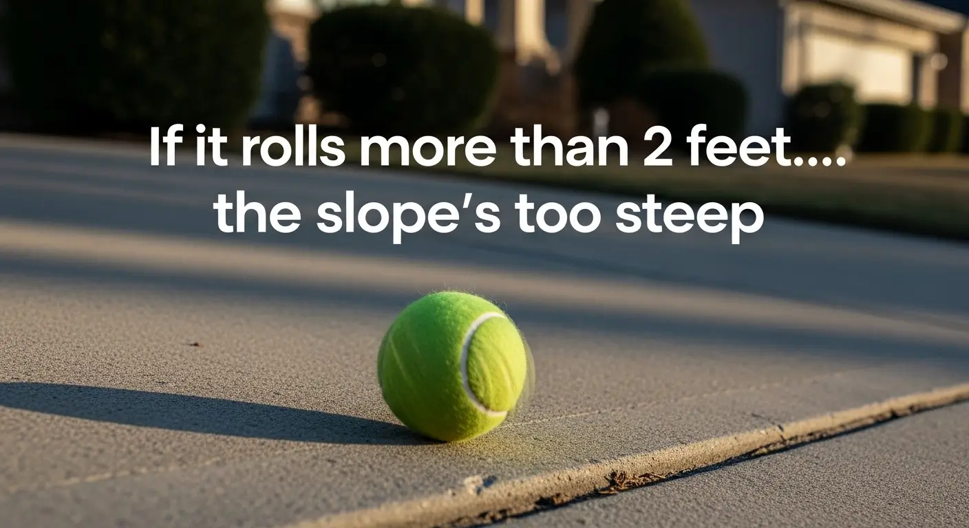Tennis ball rolling down a sloped driveway to test slope for pickleball