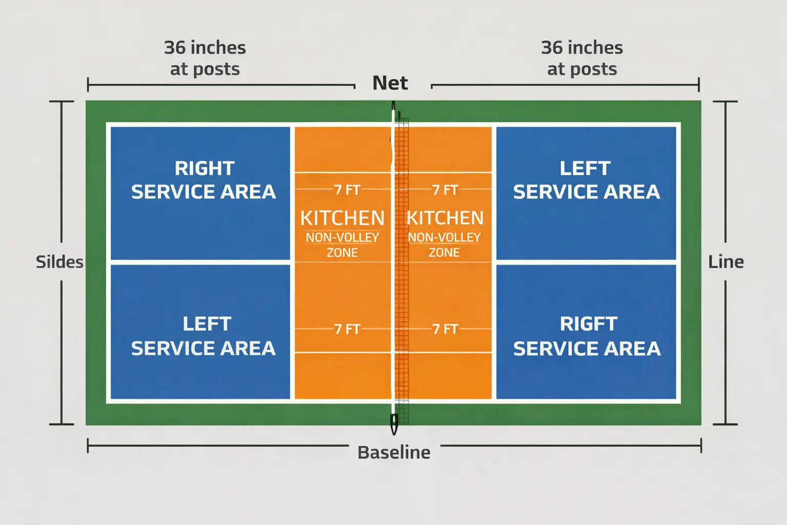 Diagram of a pickleball court with clear markings for the kitchen, service boxes, and net height