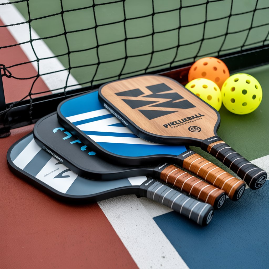 Various pickleball paddles and indoor/outdoor balls showing the equipment options available