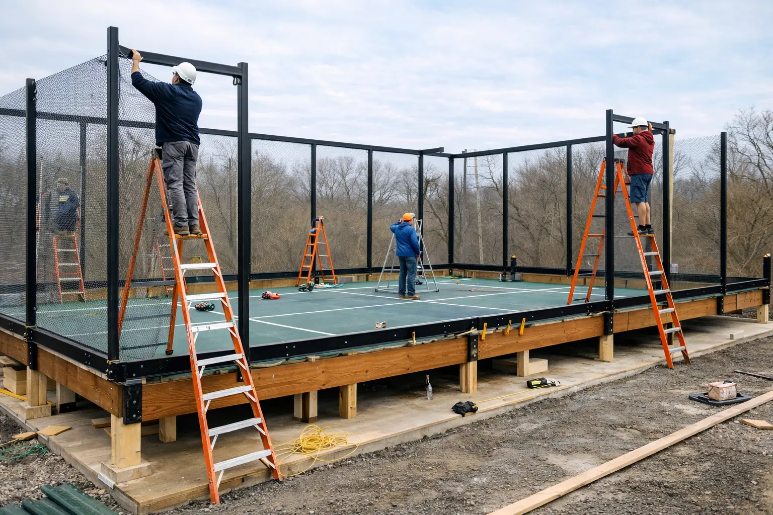 Platform tennis court under construction with workers installing mesh screens and building an elevated playing surface.