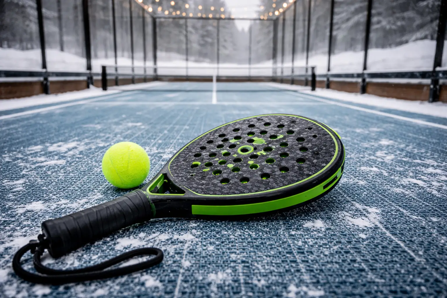A close-up of a platform tennis paddle and a ball resting on the snowy platform tennis court. The background shows a winter setting with snow and trees, showcasing the unique equipment used in the sport of platform tennis