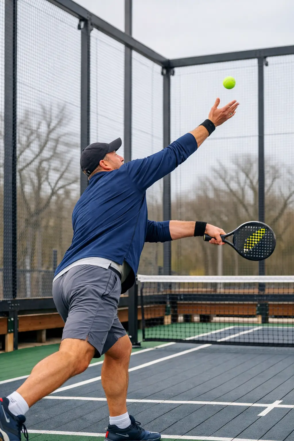 Action shot of a player serving in platform tennis with an underhand serve. The elevated platform tennis court and mesh screens are clearly visible in the background, showcasing the dynamic movement of the game.