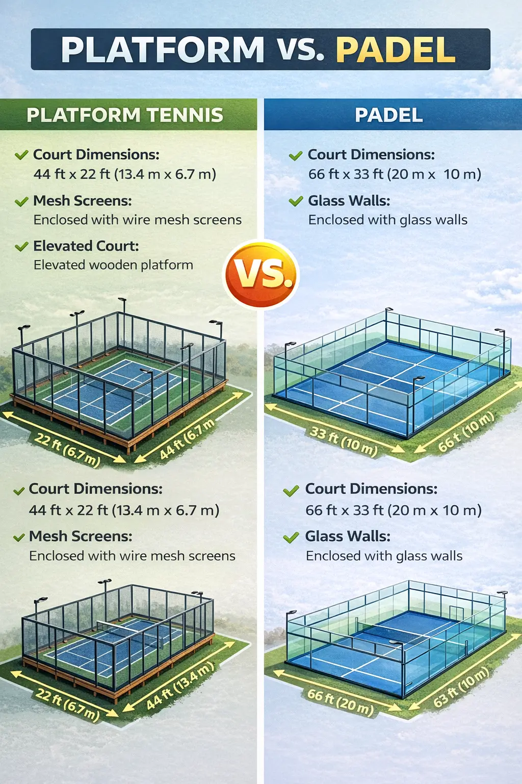 Infographic comparing platform tennis and padel courts. The image highlights key differences, including court dimensions, mesh screens for platform tennis, and glass walls for padel. It also shows the unique elevated court design in platform tennis.