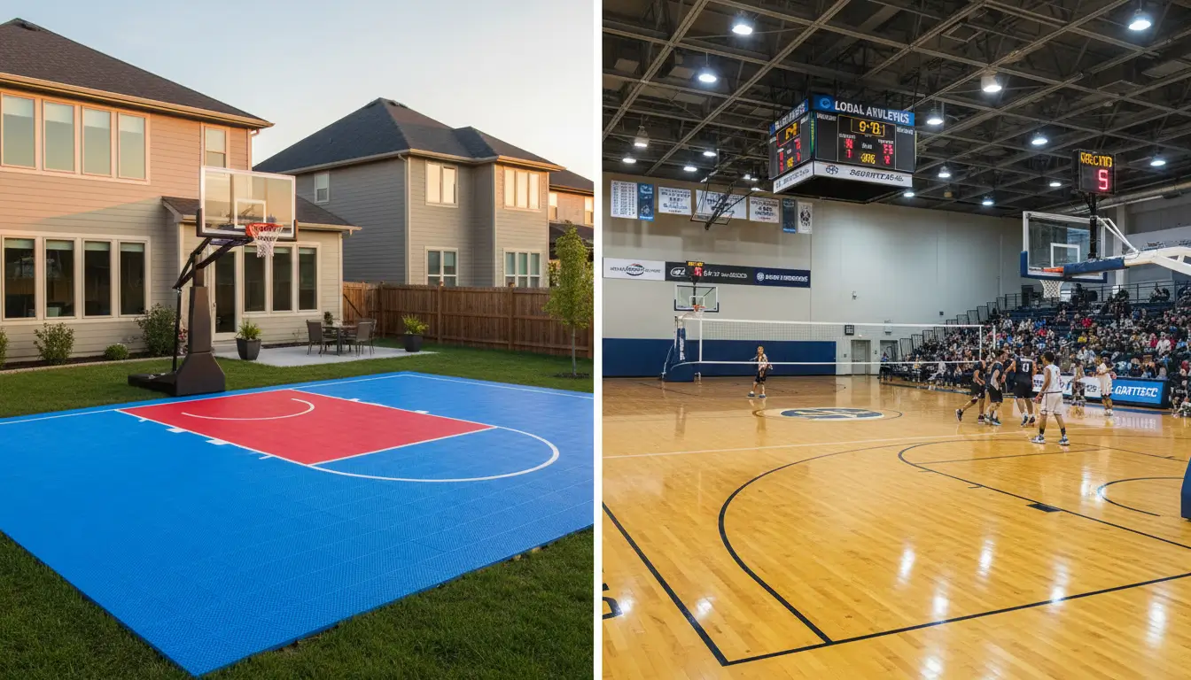 Comparison between residential and commercial sports court flooring with modular tiles vs. professional wood