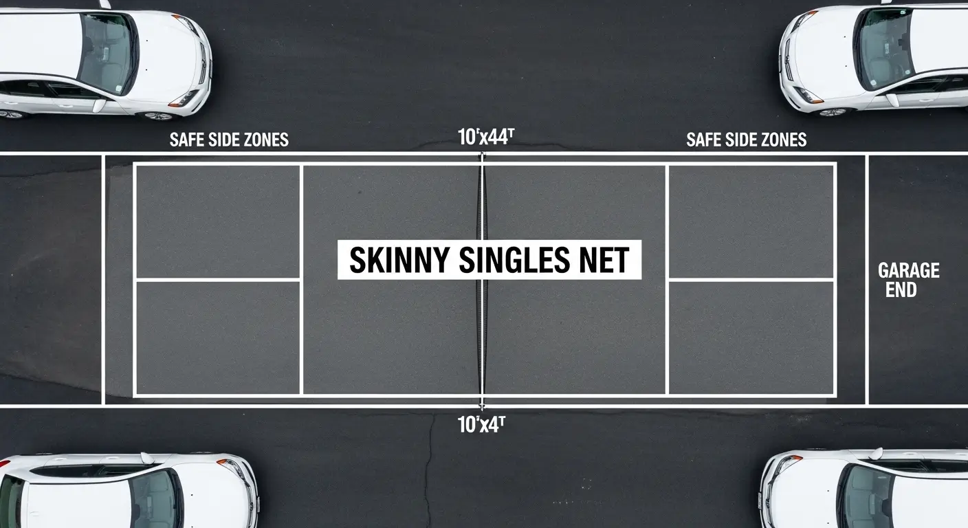 Skinny Singles pickleball court marked on a two-car driveway