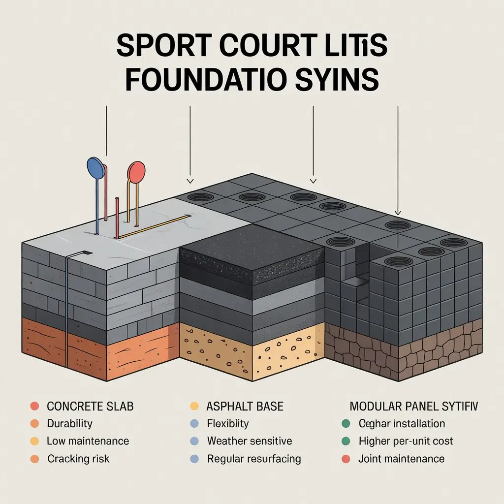 Cross-section of concrete, asphalt, and modular panel bases for sport courts
