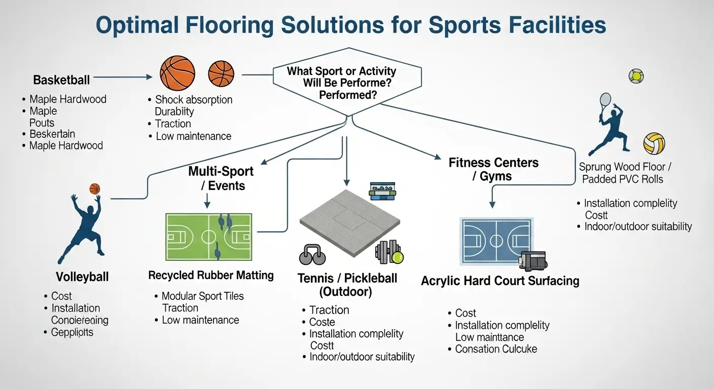 Decision flowchart comparing different sports court flooring options for various needs
