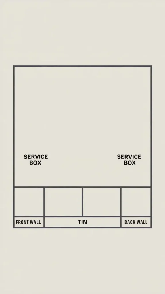 Diagram of a squash court showing the service boxes, tin, and boundaries 