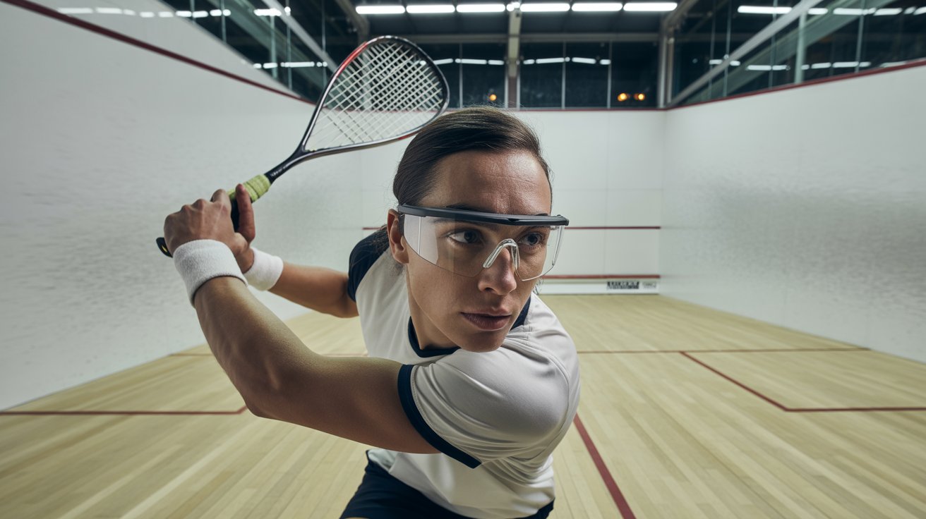 Squash player wearing protective eyewear for safety