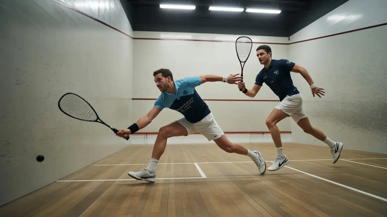 Two squash players competing in a fast-paced rally on a four-walled court