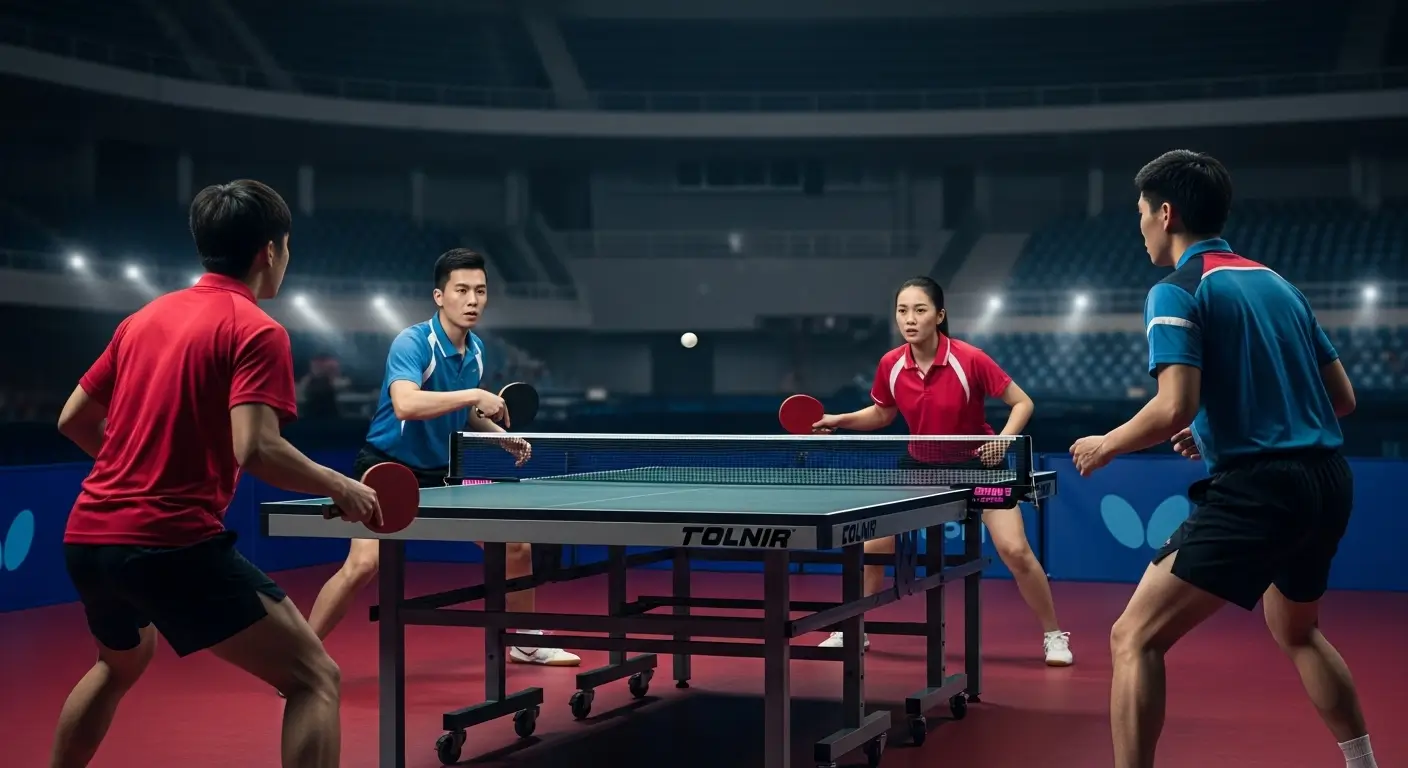 Doubles table tennis match showing teamwork and coordination