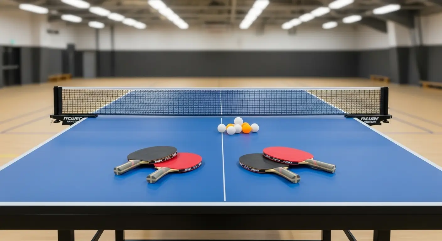 Table tennis table with paddles, balls, and net ready to play
