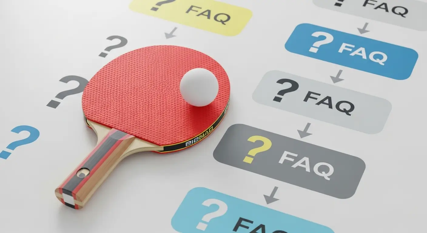 Table tennis paddle and ball with question marks representing frequently asked questions