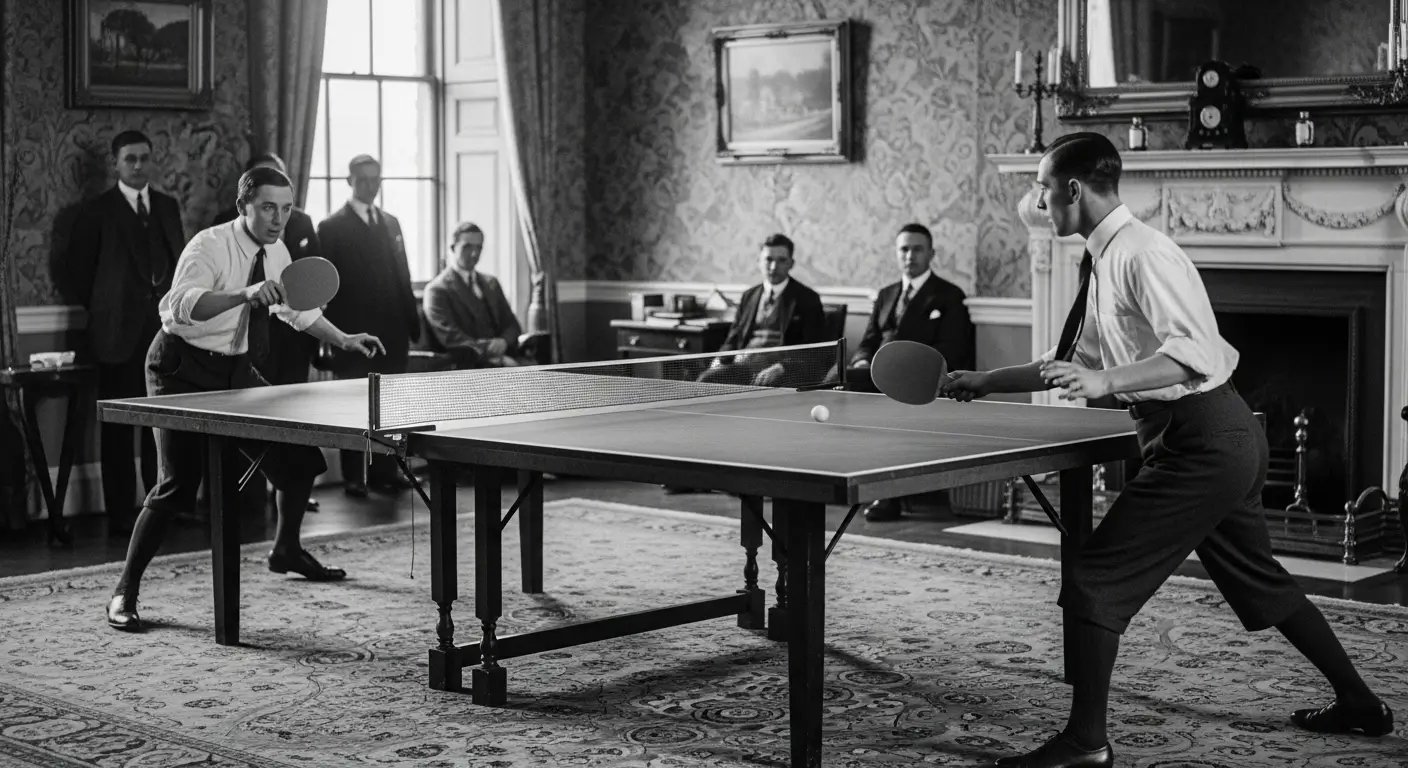 Historical photo of early table tennis match in England in the 1920s