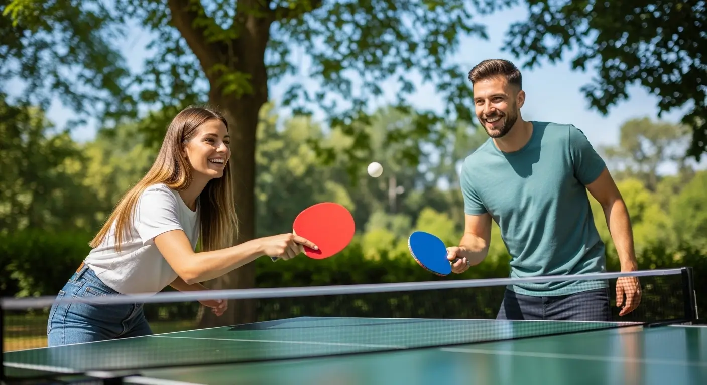 People playing table tennis casually in a home or park setting