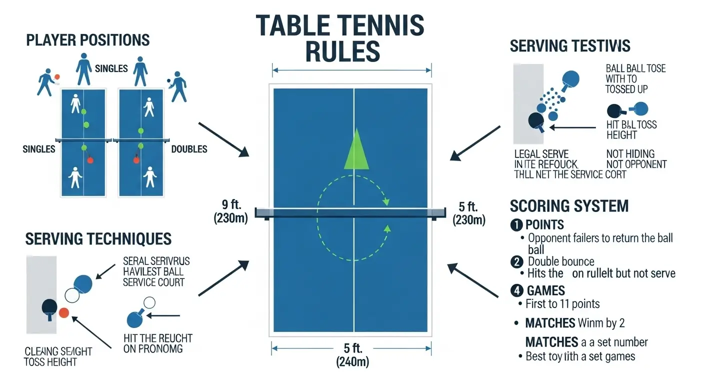 Infographic showing table tennis table layout, serving, and scoring rules
