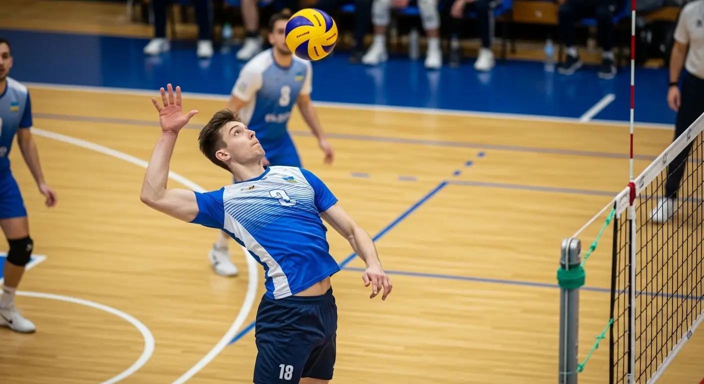 Player using jump serve technique in volleyball
