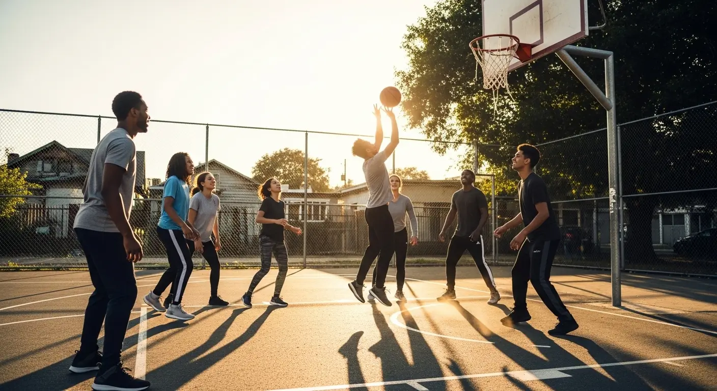 Young people playing basketball in a neighborhood court with minimal equipment