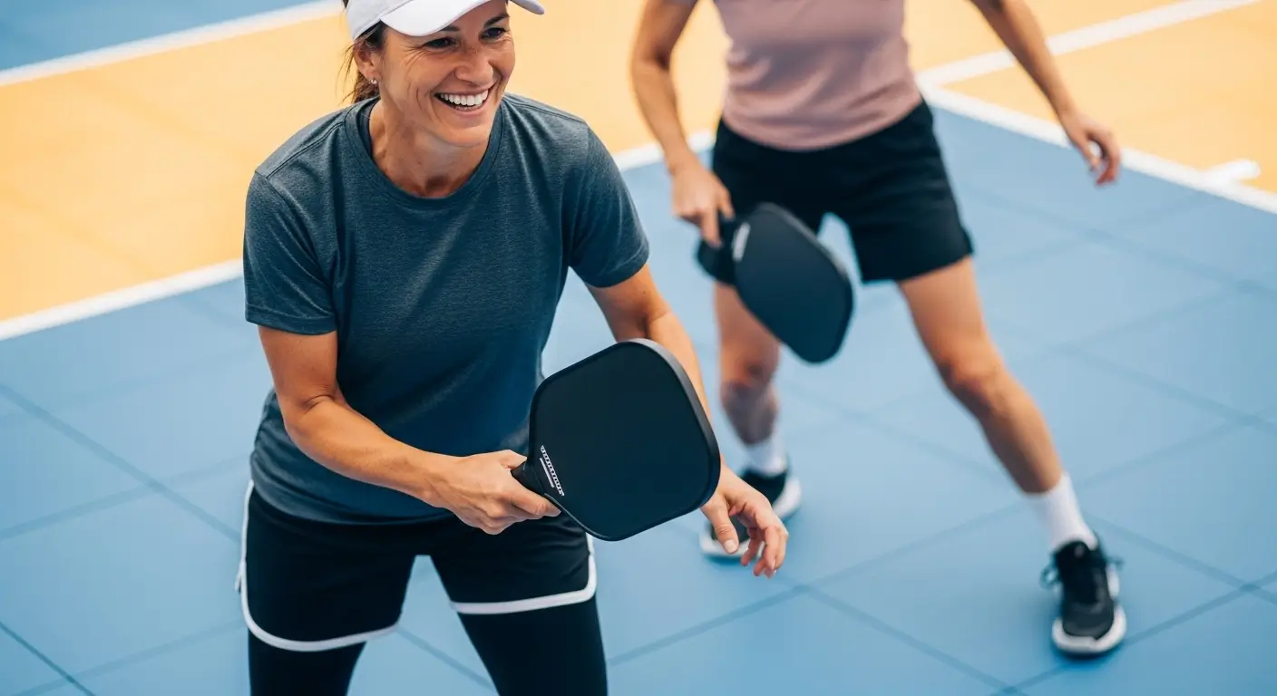 A dynamic, eye-level shot of an athlete (gender-neutral, perhaps a person in their 40s or 50s) happily playing pickleball or basketball on a soft sport court surface. The athlete is smiling, in motion, and clearly enjoying the game without visible strain. The court surface (modular tiles or cushioned acrylic) looks vibrant and inviting. Focus on the sense of effortless movement and joy. The background is slightly blurred to keep focus on the player and the court.
