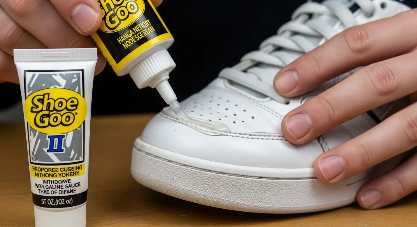 Applying Shoe Goo to the medial side of a tennis shoe to create a preventative durability patch.