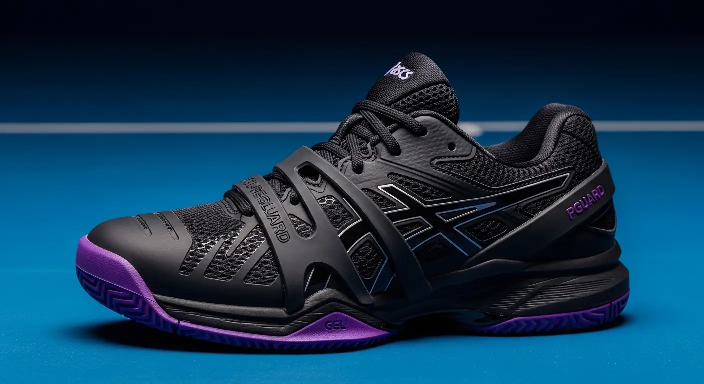 ASICS Gel-Resolution 10 court shoe highlighting the heavy-duty medial PGuard reinforcement for durability.