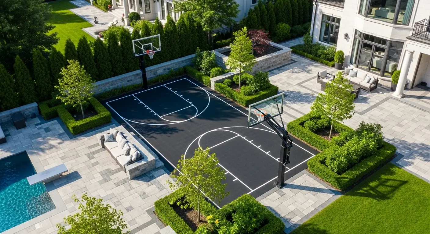 An aerial view of a professionally landscaped backyard basketball court that enhances the overall curb appeal of a luxury property.