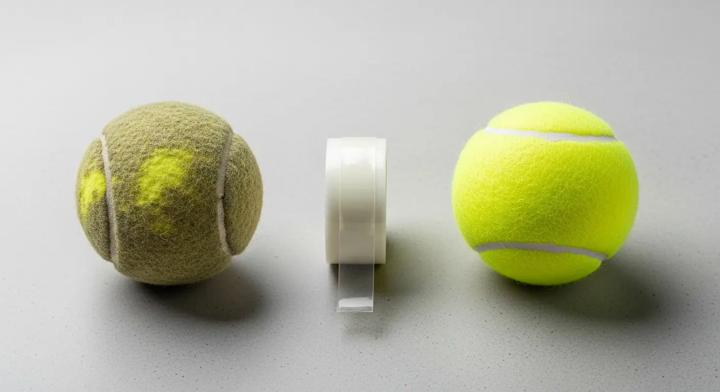 Comparison of a worn standard tennis ball and a new pressureless tennis ball, ideal for driveway tennis practice.