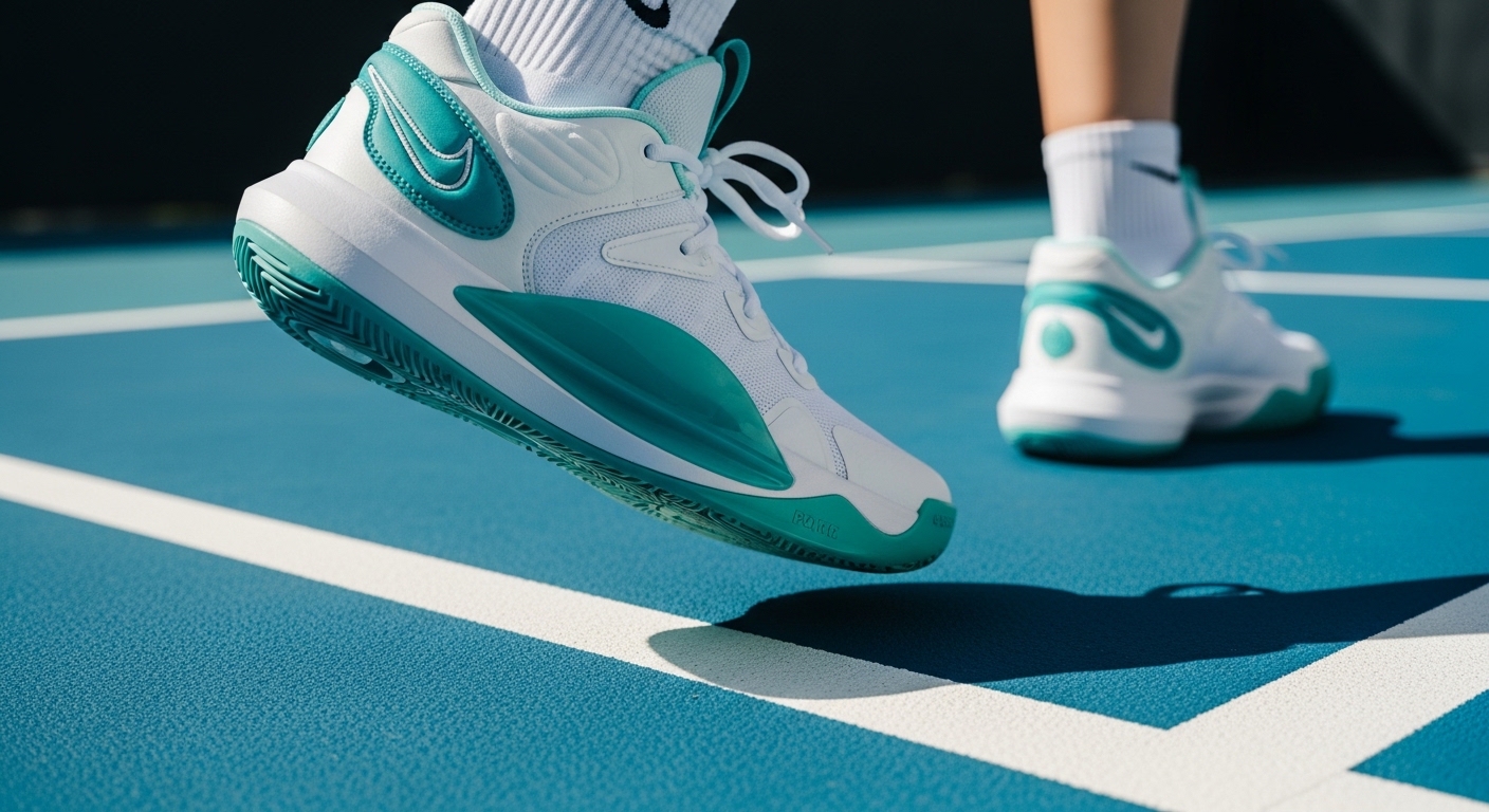 A low-top basketball shoe being used for a lateral cut on a pickleball court.