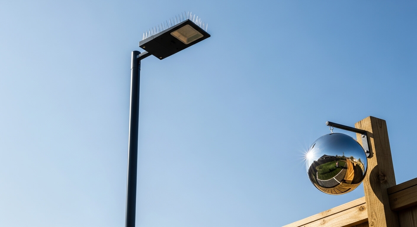 Bird deterrent spikes and reflective spheres installed on backyard court lighting